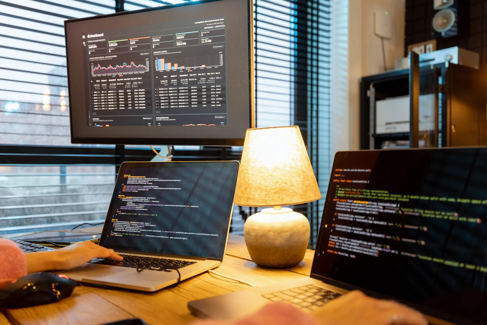 Werkplek met code op twee schermen en een dashboard met statistieken